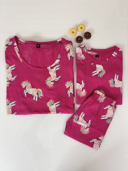 Pink with Unicorn's Printed Mom and Kid Twinning Combo Set