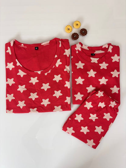 Red with White Stars Printed Mom and Kid Twinning Combo Set
