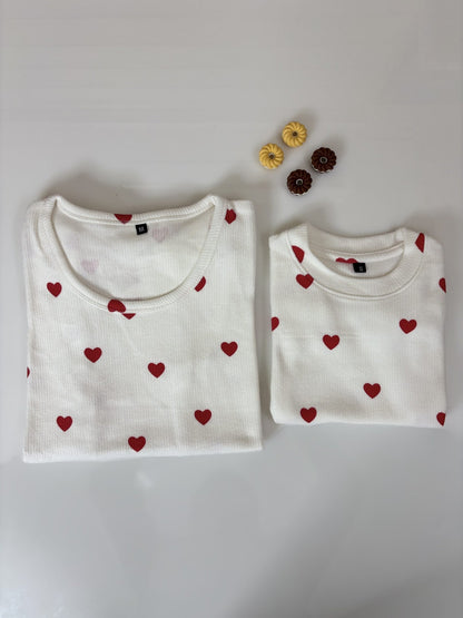 White with Red Hearts Printed Mom and Kid Twinning Combo Set