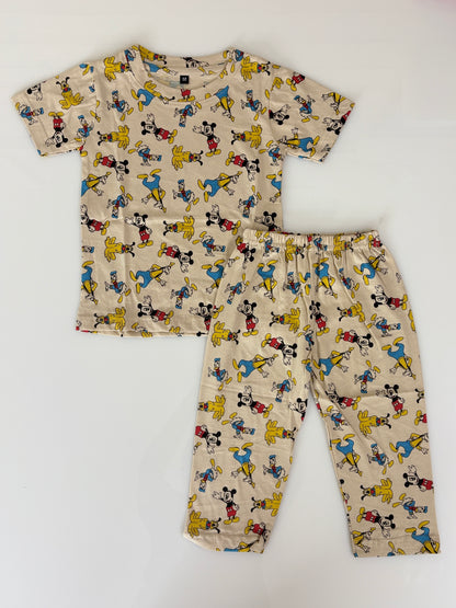 Kids Beige Cartoon Character Print T-Shirt & Pants Co-ord Set