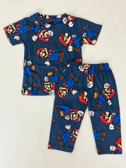 Kids Navy Blue Mario Print T-Shirt & Pants Co-ord Set