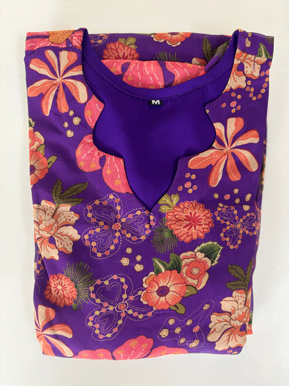Purple Floral Print Full Length Georgette Non Feeding Gown