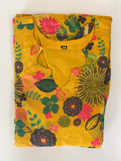 Mustard Yellow Floral Print Full Length Georgette Non Feeding Gown