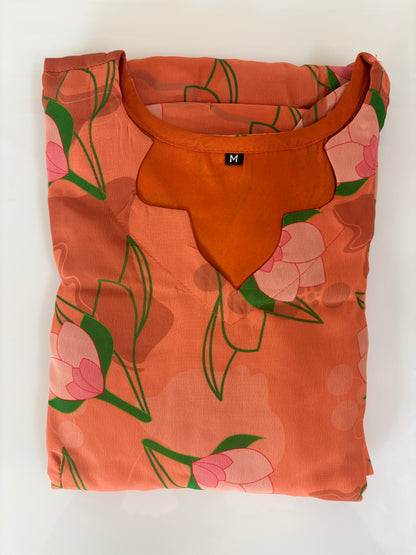Peach Orange Floral Print Full Length Georgette Non Feeding Gown