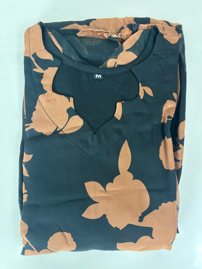 Black & Coffee Brown Floral Print Full Length Georgette Non Feeding Gown