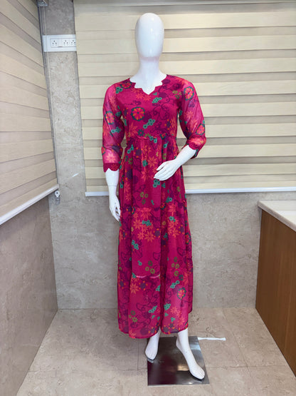 Magenta Pink Floral Print Full Length Georgette Non Feeding Gown