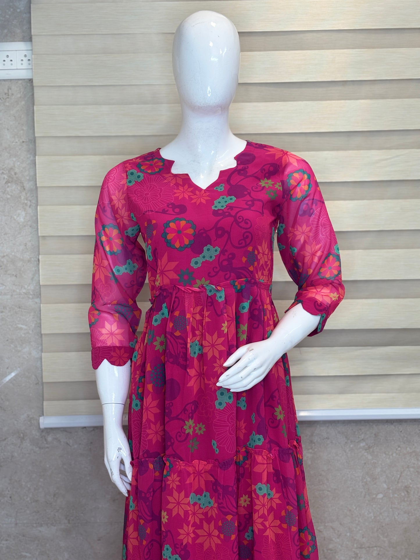 Magenta Pink Floral Print Full Length Georgette Non Feeding Gown