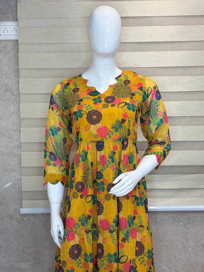 Mustard Yellow Floral Print Full Length Georgette Non Feeding Gown