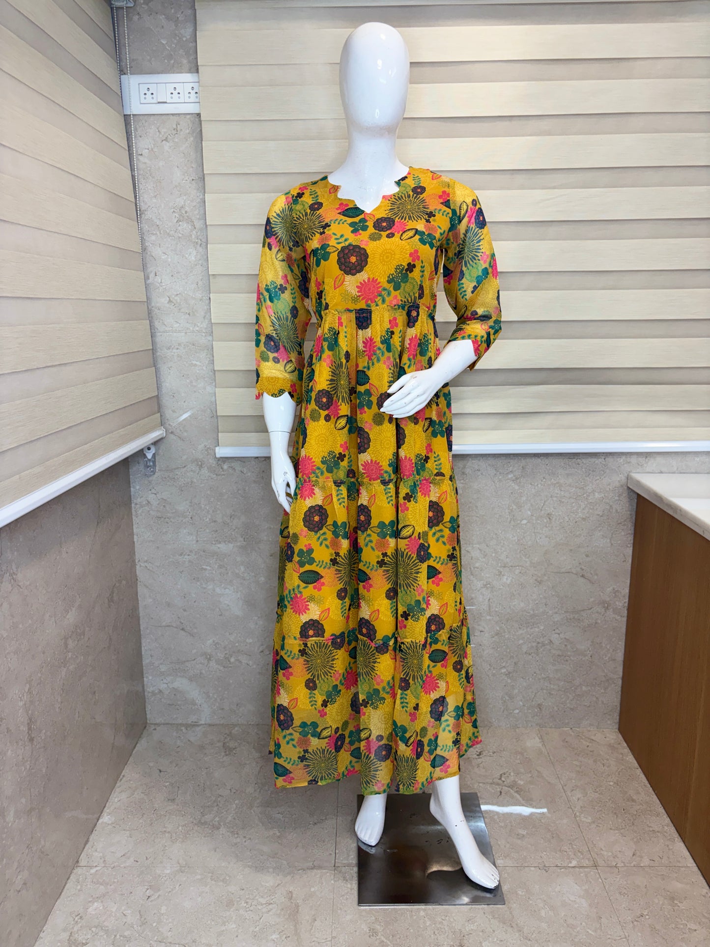 Mustard Yellow Floral Print Full Length Georgette Non Feeding Gown