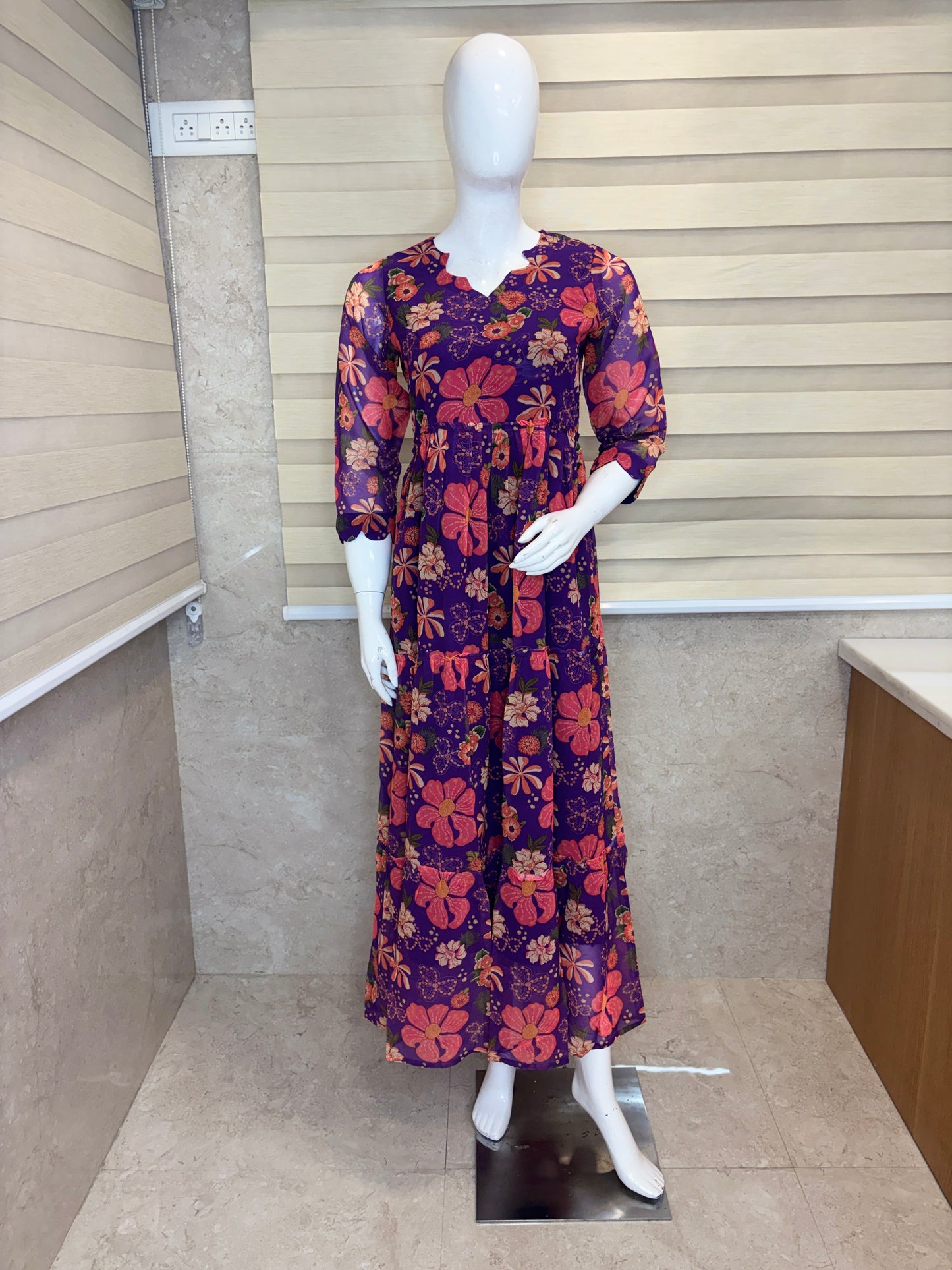 Purple Floral Print Full Length Georgette Non Feeding Gown