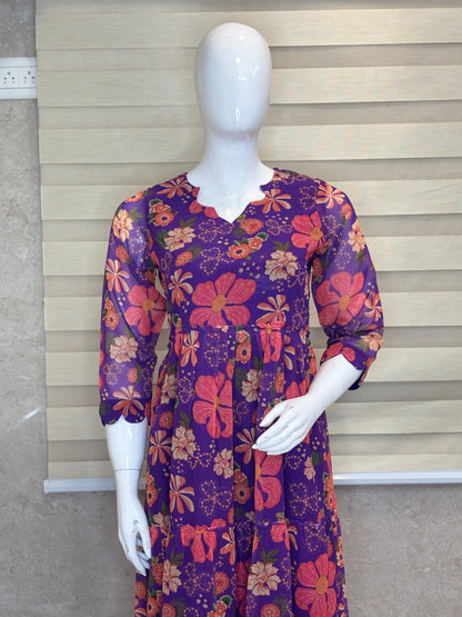 Purple Floral Print Full Length Georgette Non Feeding Gown