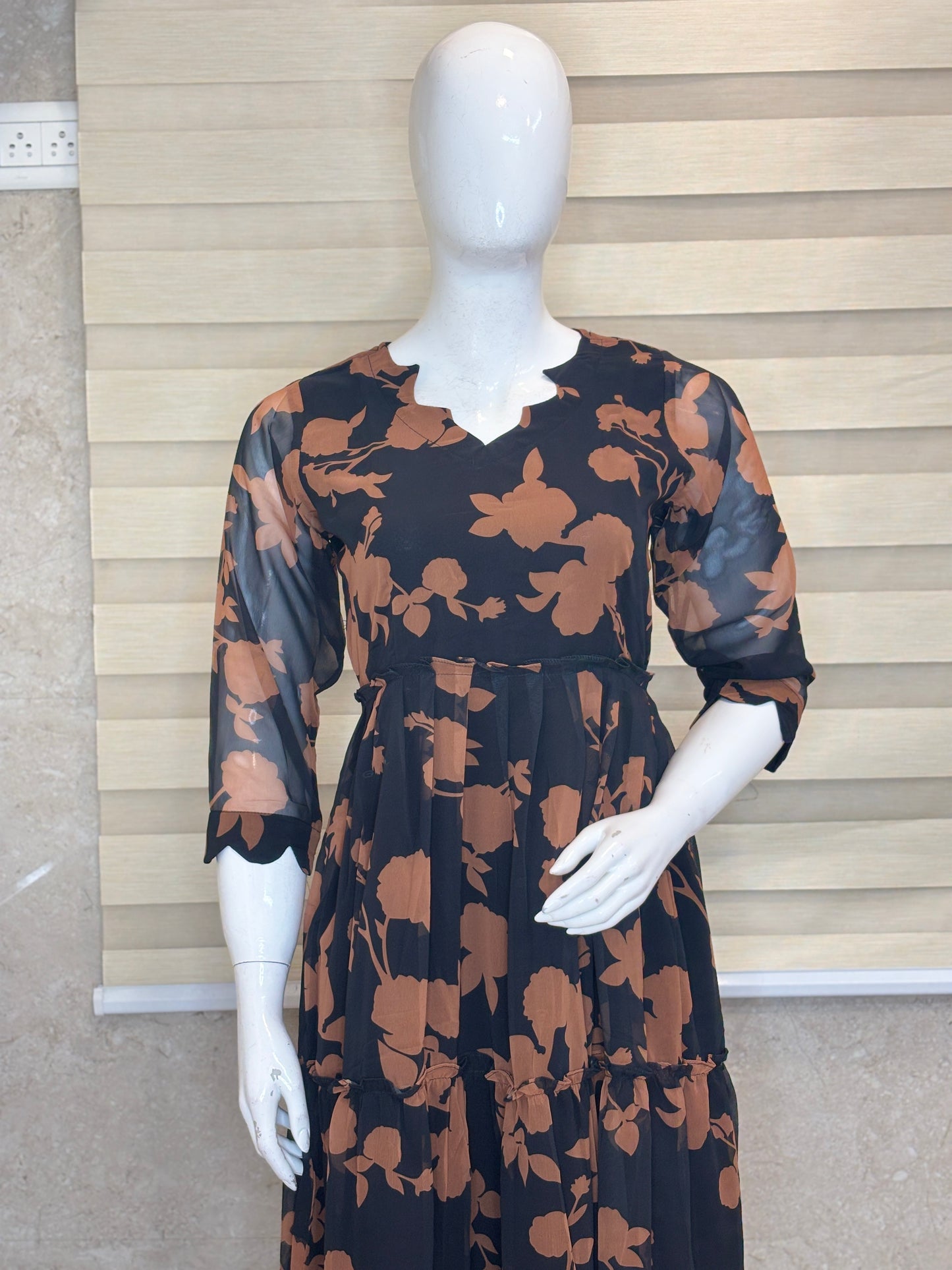 Black & Coffee Brown Floral Print Full Length Georgette Non Feeding Gown