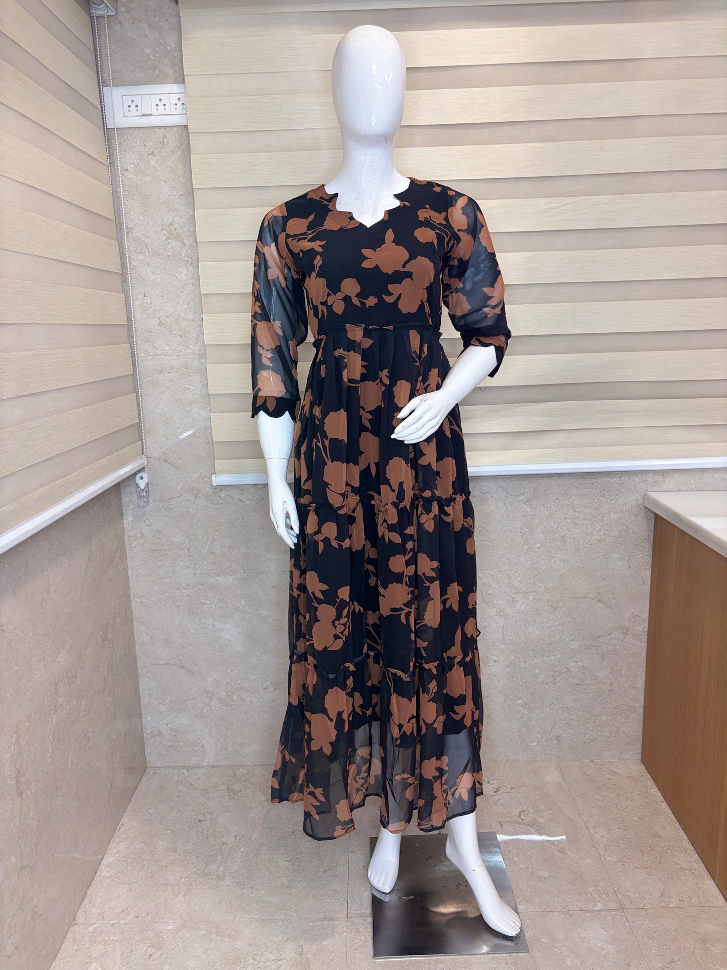 Black & Coffee Brown Floral Print Full Length Georgette Non Feeding Gown