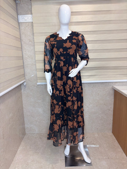 Black & Coffee Brown Floral Print Full Length Georgette Non Feeding Gown