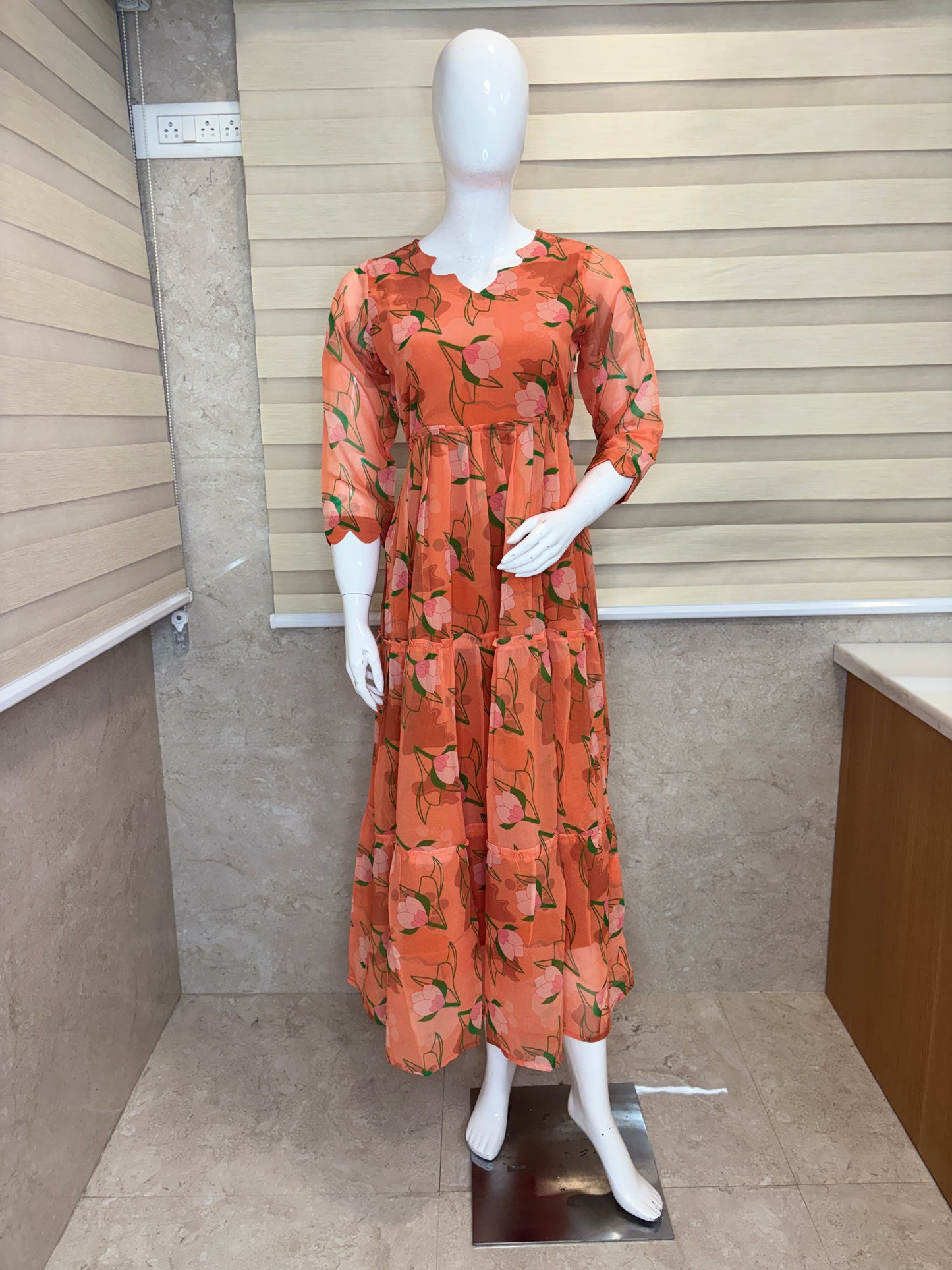 Peach Orange Floral Print Full Length Georgette Non Feeding Gown