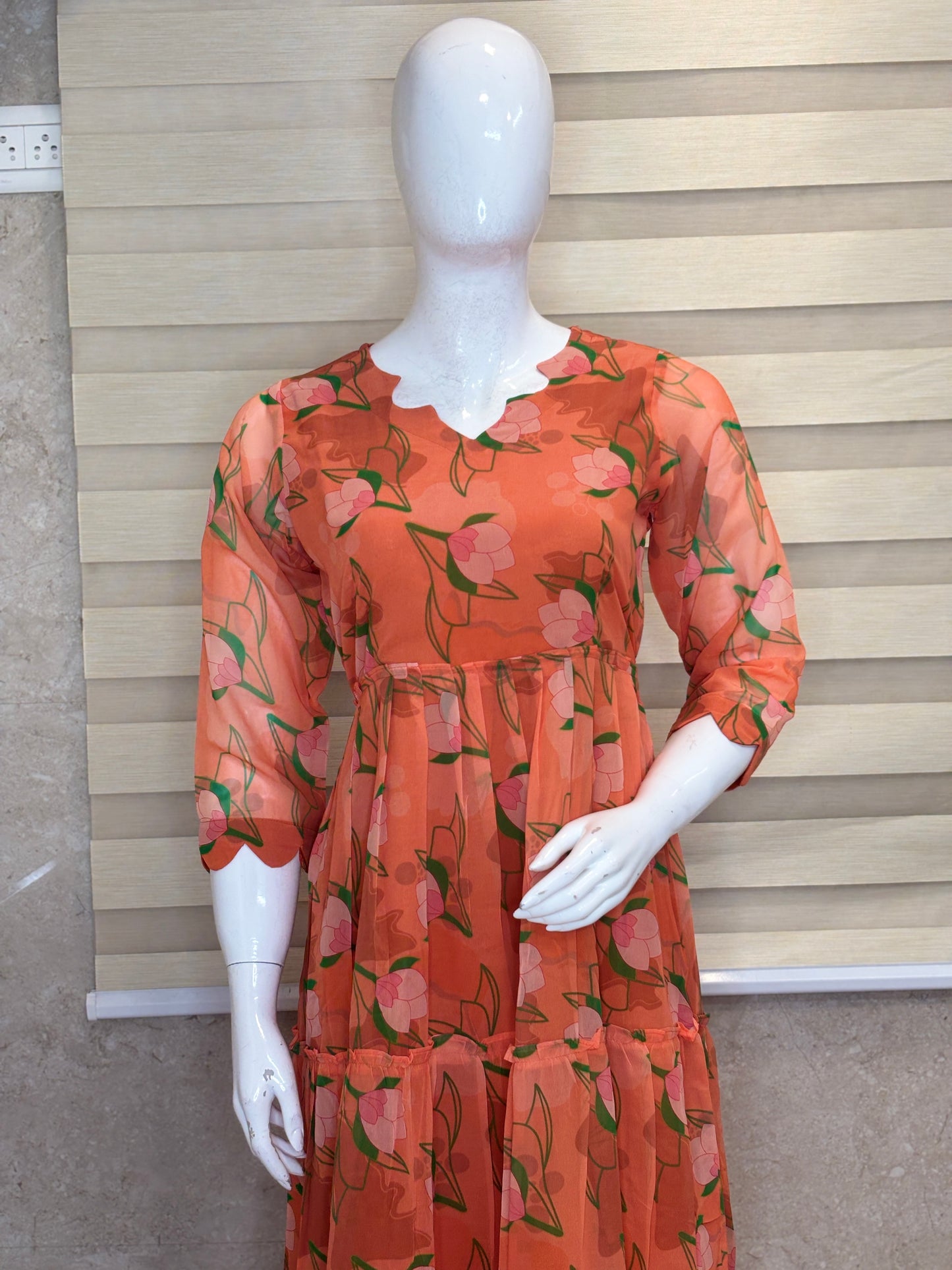 Peach Orange Floral Print Full Length Georgette Non Feeding Gown