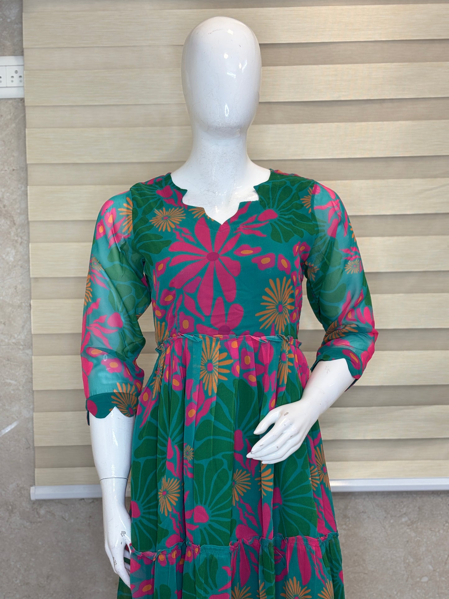 Teal Green & Magenta Floral Print Full Length Georgette Non Feeding Gown