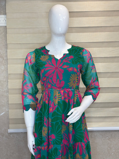 Teal Green & Magenta Floral Print Full Length Georgette Non Feeding Gown