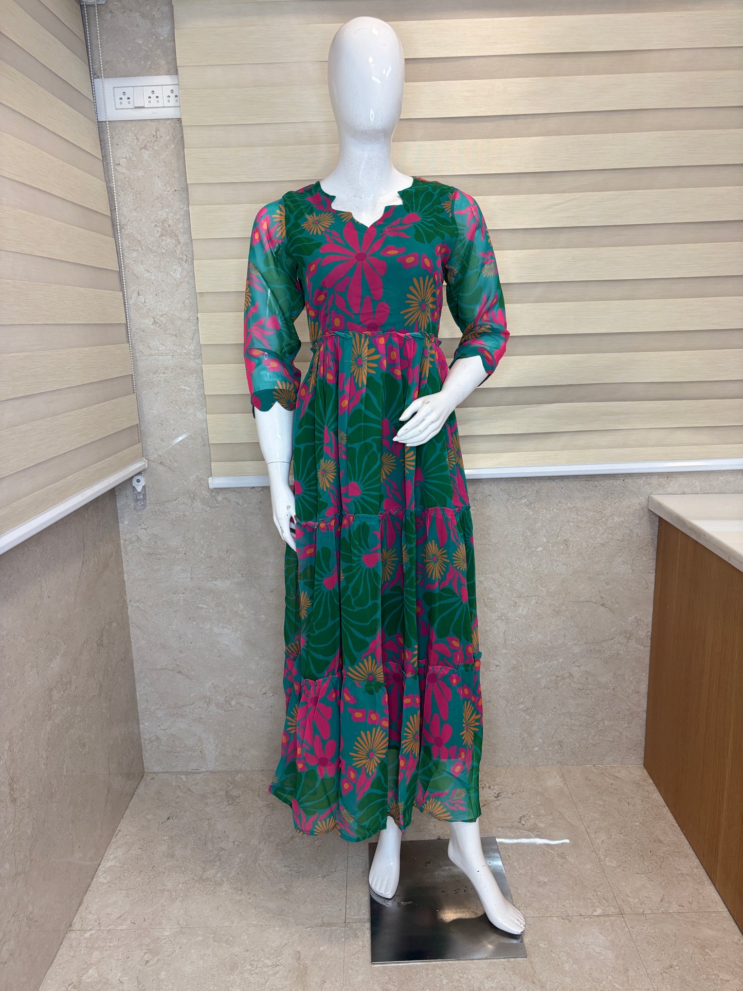Teal Green & Magenta Floral Print Full Length Georgette Non Feeding Gown