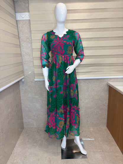 Teal Green & Magenta Floral Print Full Length Georgette Non Feeding Gown