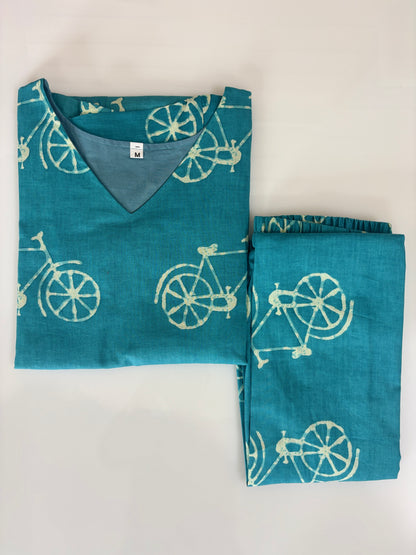 Turquoise Bicycle Print Peplum Top with Palazzo Set