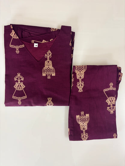 Plum Tribal Doll Print Peplum Top with Palazzo Set