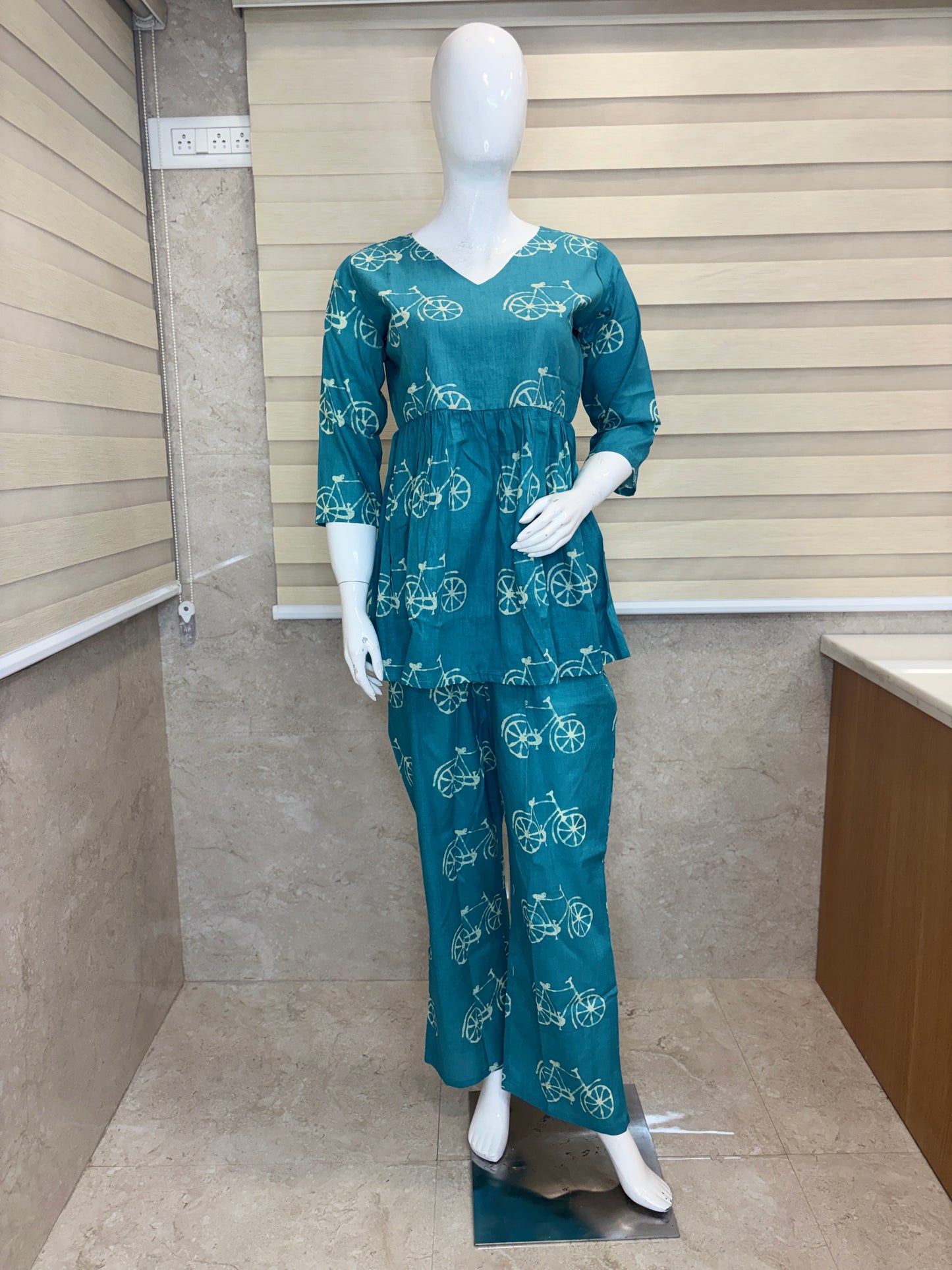 Turquoise Bicycle Print Peplum Top with Palazzo Set