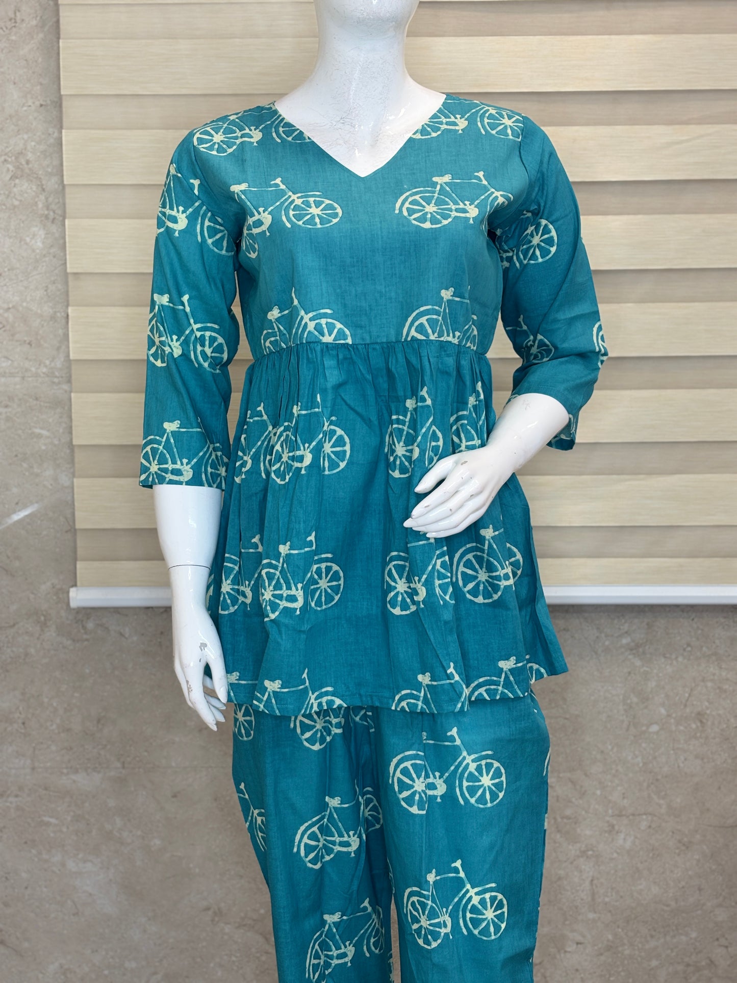 Turquoise Bicycle Print Peplum Top with Palazzo Set