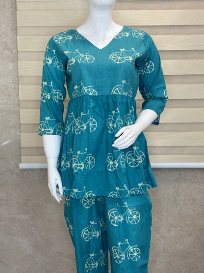 Turquoise Bicycle Print Peplum Top with Palazzo Set
