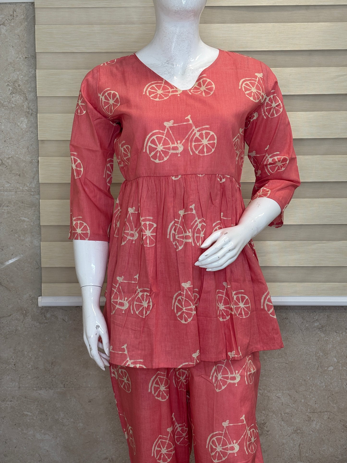 Coral Bicycle Print Peplum Top with Palazzo Set