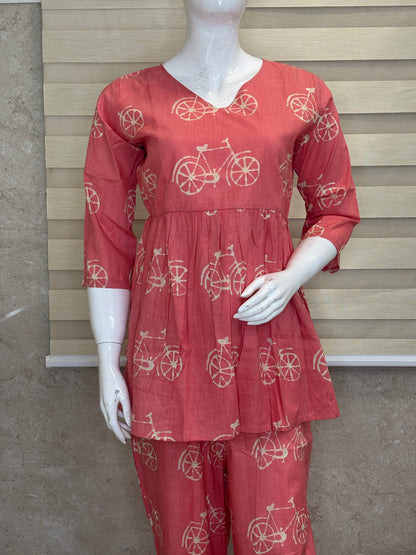Coral Bicycle Print Peplum Top with Palazzo Set