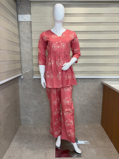Coral Bicycle Print Peplum Top with Palazzo Set
