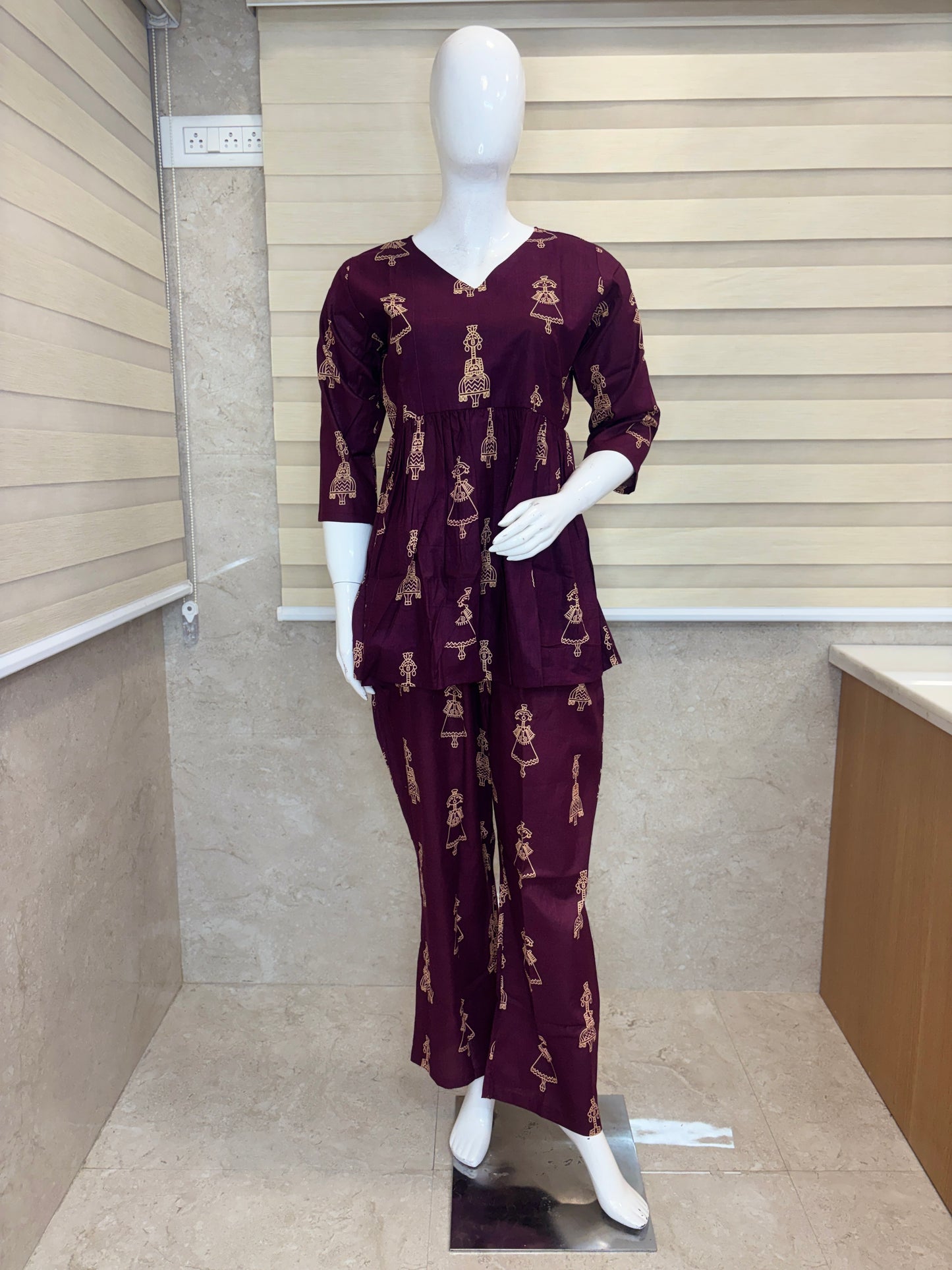 Plum Tribal Doll Print Peplum Top with Palazzo Set