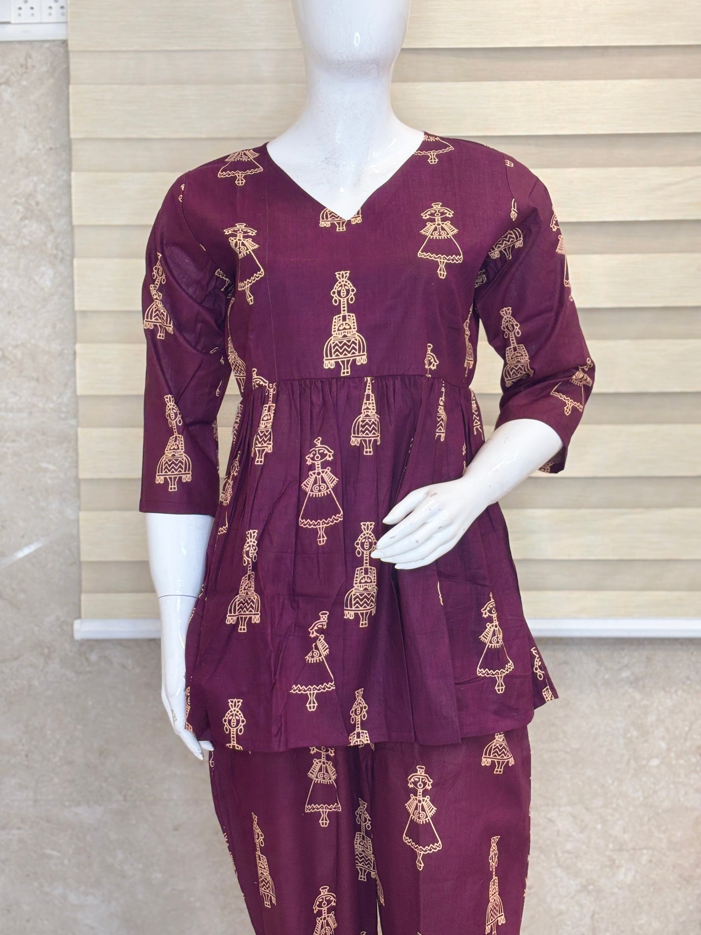Plum Tribal Doll Print Peplum Top with Palazzo Set