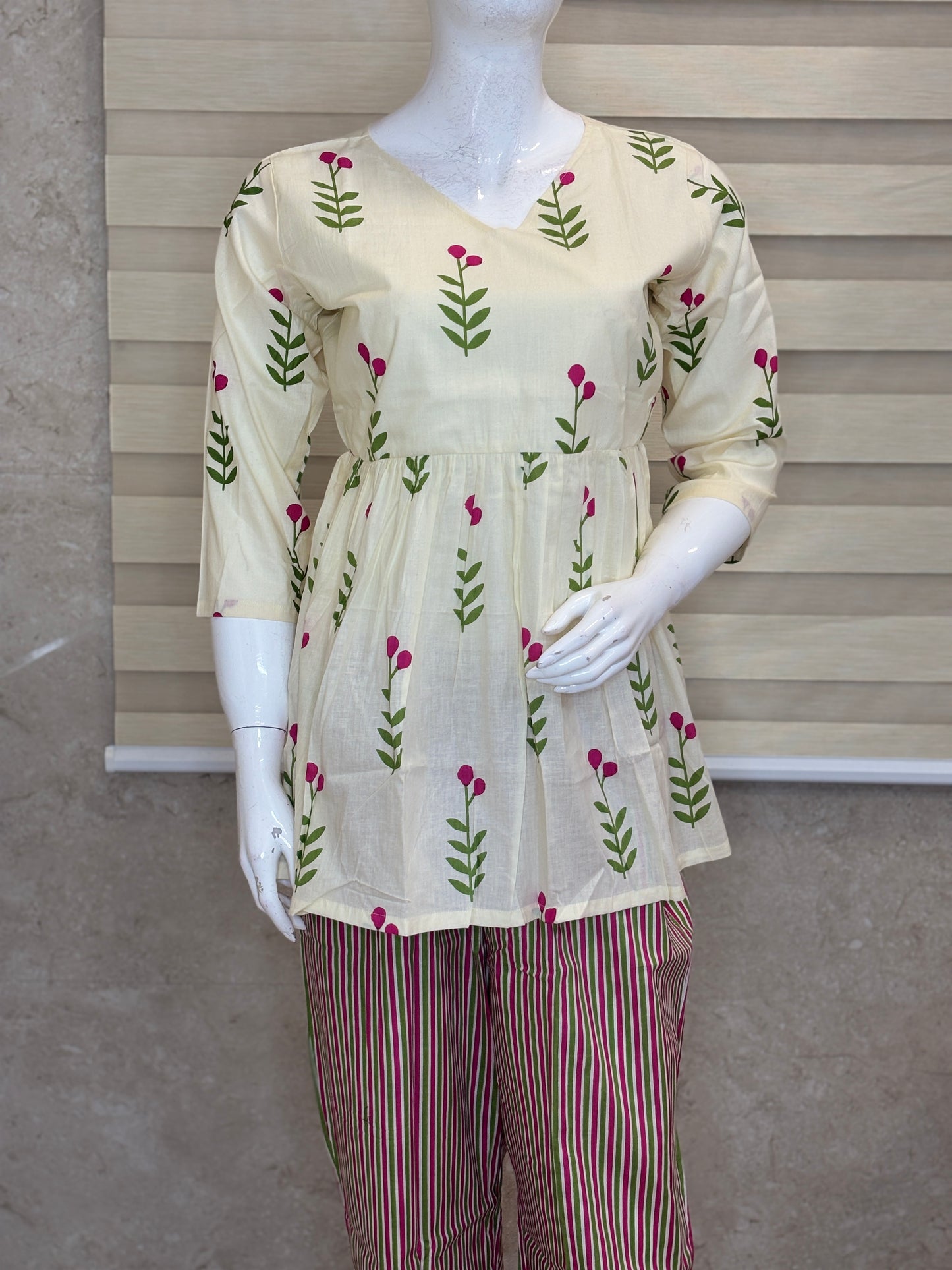 Cream Floral Bud Print Peplum Top with Palazzo Set