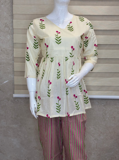 Cream Floral Bud Print Peplum Top with Palazzo Set