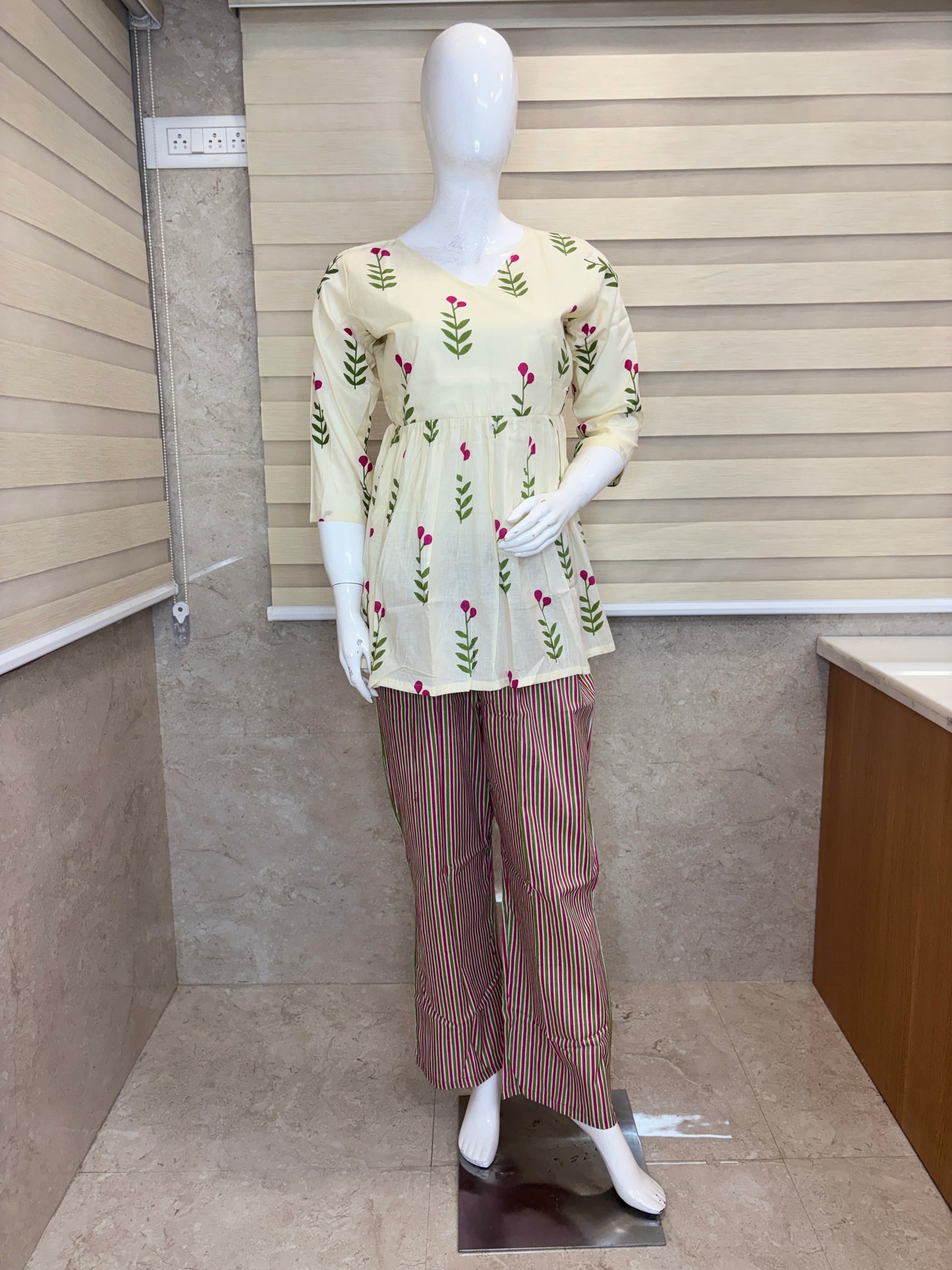 Cream Floral Bud Print Peplum Top with Palazzo Set