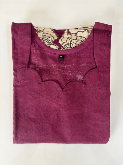 Kalamkari Wine Purple Temple Border Cotton Long Top