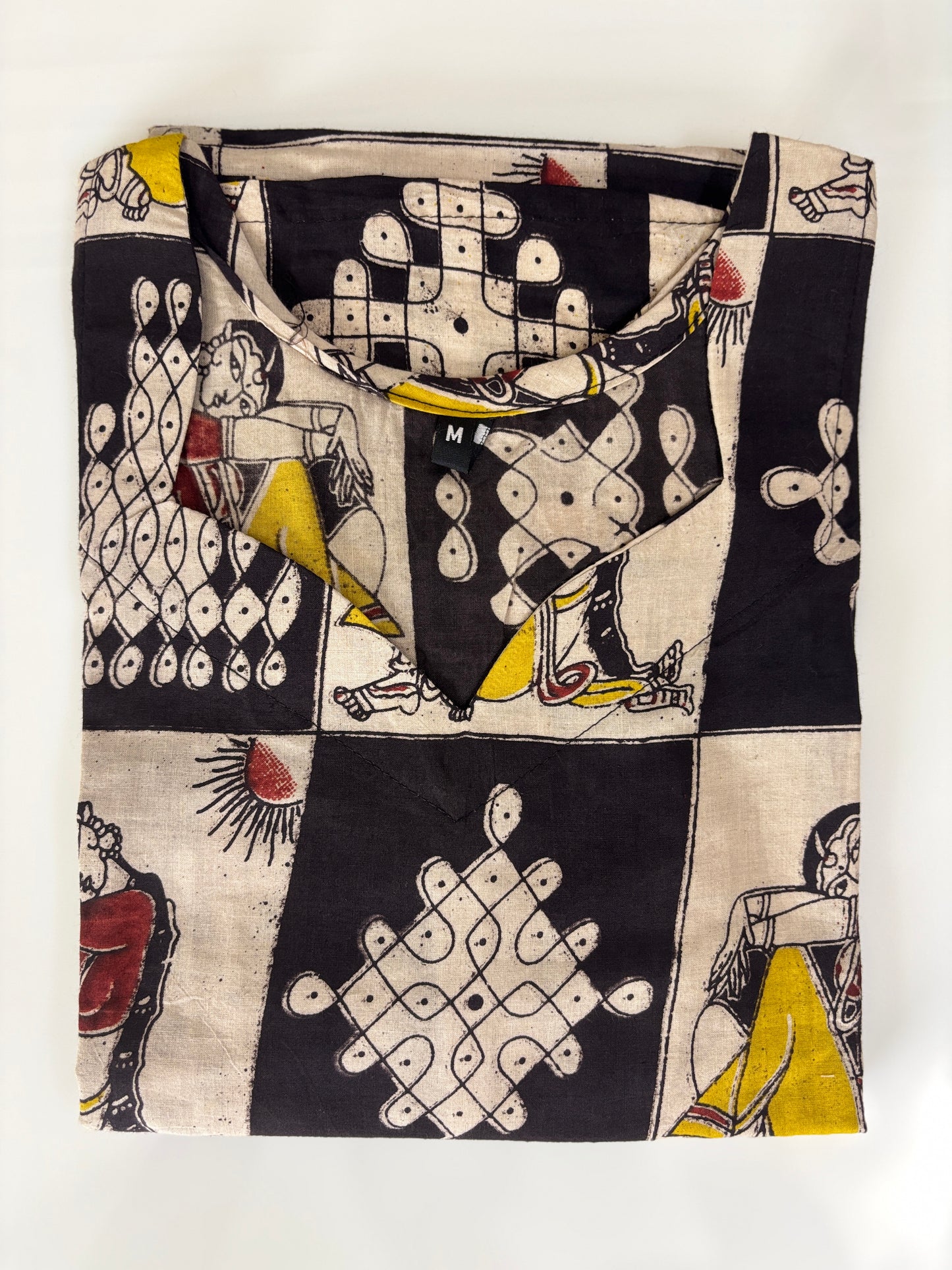 Kalamkari Black & Beige Figurative Printed Cotton Long Top