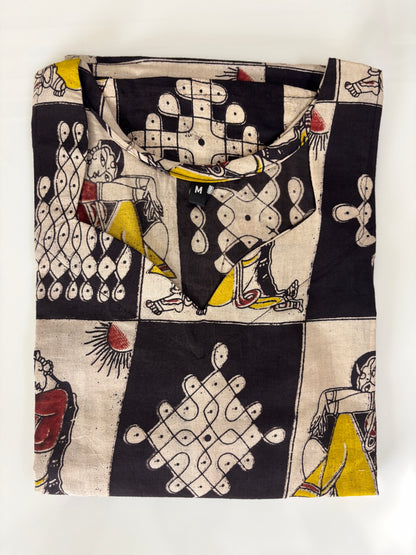 Kalamkari Black & Beige Figurative Printed Cotton Long Top