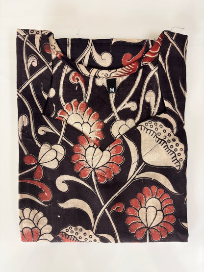 Kalamkari Black Floral Printed Cotton Long Top