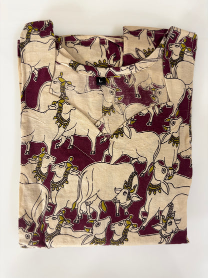 Kalamkari Desert Sand & Deep Maroon Royal Elephant Cotton Frock