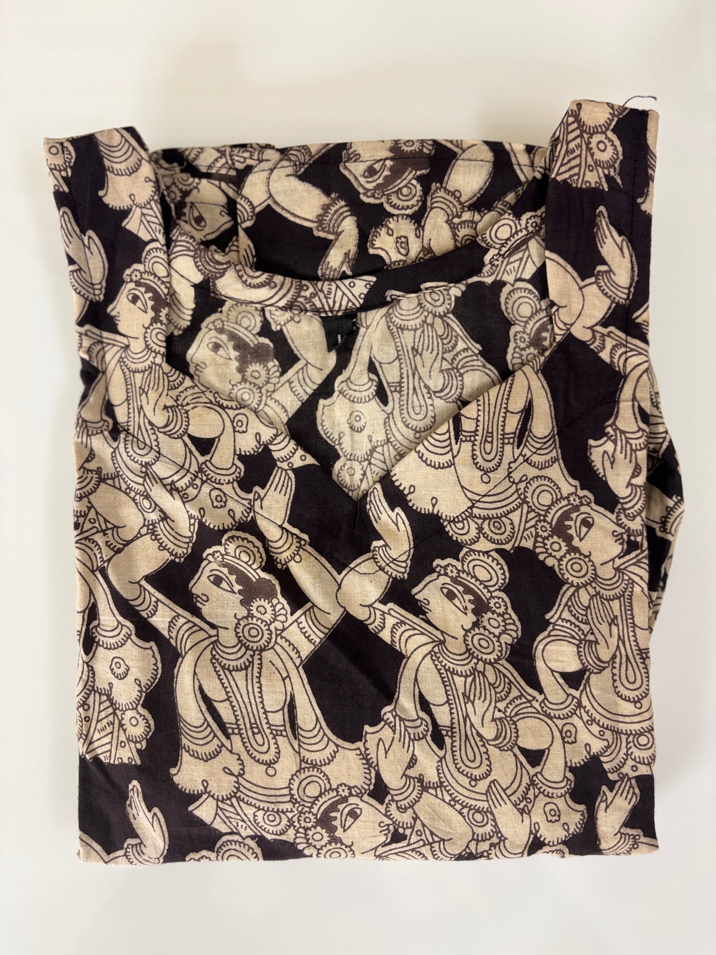 Kalamkari Beige & Black Floral Cotton Frock