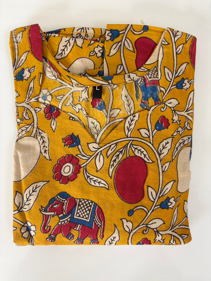 Kalamkari Mustard Ochre Royal Elephant & Pomegranate Cotton Frock