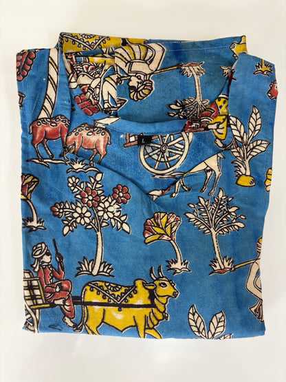 Kalamkari Teal Heritage Print Cotton Frock