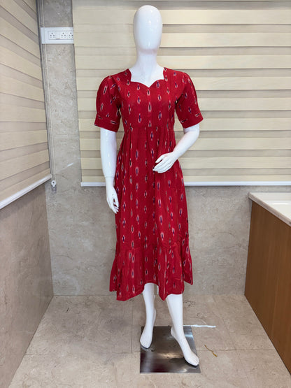 Ruby Red Classic Ikat Motif Budget Friendly Frock