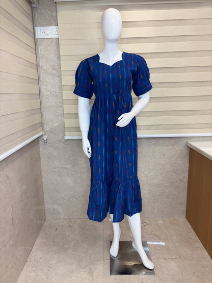 Royal Indigo Blue Multicolor Ikat Stripe Budget Friendly Frock