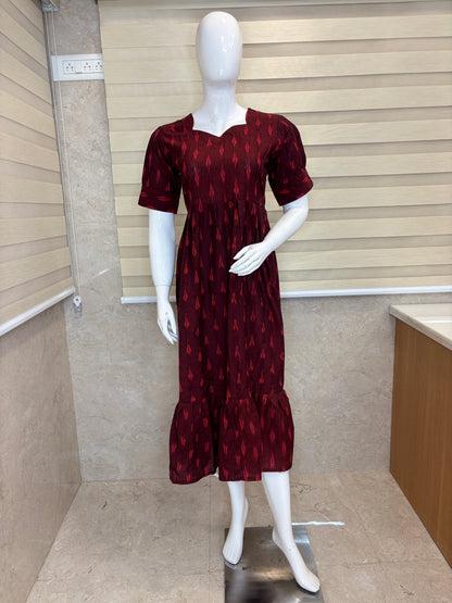Deep Maroon Crimson Ikat Dash Budget Friendly Frock