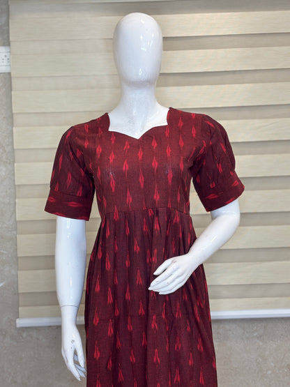 Deep Maroon Crimson Ikat Dash Budget Friendly Frock