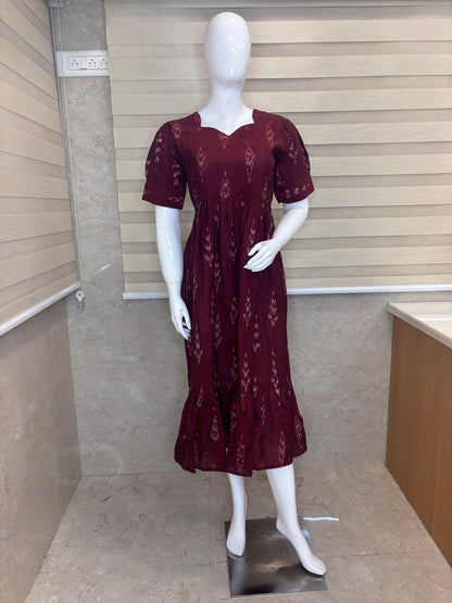 Burgundy Wine Traditional Ikat Motif Budget Friendly Frock